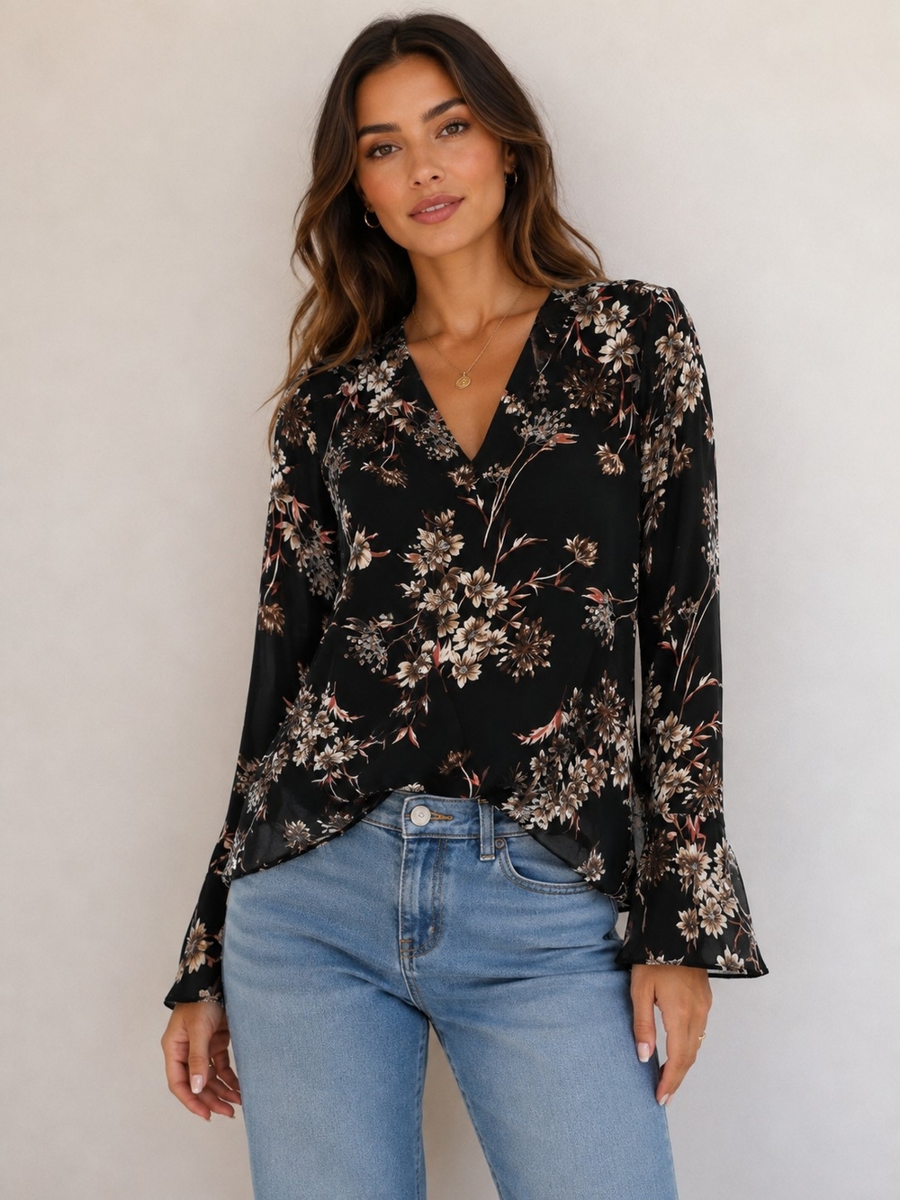 Roz & Ali Black Floral V-Neck Blouse